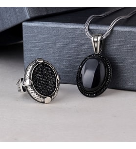 925 Ayar Gümüş Onix ve Mikro Taşlı Kolye Yüzük Kombini (Gri)
