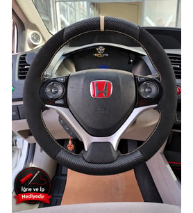 Honda Civic FB7 Dikme Direksiyon Kılıfı Alcantara Süet Mat Karbon Bej Yüzük ve Dikiş 2012-2016