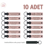 Okul Mezunlarına Özel, 10'lu Set, Öğrenci İsimleri Yazılı Hediyelik Deri Anahtarlık, Pudra & Siyah