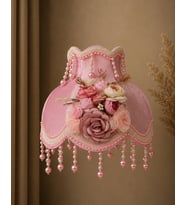 Pembe Kadife Kaplı Çiçek Dekorlu El Yapımı Abajur Şapkası 30cm