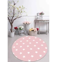 Pembe Yıldızlı Kaymaz Taban Yıkanabilir Yuvarlak Halı AR606 - 100 x 100 cm