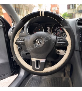 Vw Polo 6R Dikme Direksiyon Kılıfı Parlak Siyah Bej Detaylı Bej Çift Yüzük ve Dikiş 2009-2014