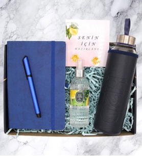 HEDİYE KUTUSU - DEFTER & CAM MATARA & KALEM & KOLONYA 