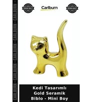 Özel Üretim Kedi Tasarımlı Gold Seramik Biblo - Mini Boy - Parlak Altın Renk - Dekoratif Süs