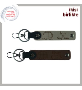 İsmini Üzerinde Taşıyan Yol Arkadaşı, Karavan Temalı Deri Anahtarlık, Kül Gri-Koyu Kahve