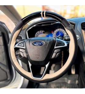 Ford Galaxy Mk4 Dikme Direksiyon Kılıfı Parlak Siyah Bej Detaylı Bej Çift Yüzük ve Dikiş 2015-2023