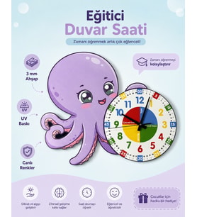 Montessori Eğitici Ahtapot Temalı Renkli Çocuk Duvar Saati  Ahşap Malzeme + UV Baskı