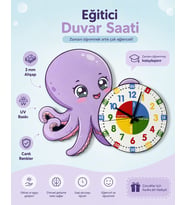 Montessori Eğitici Ahtapot Temalı Renkli Çocuk Duvar Saati  Ahşap Malzeme + UV Baskı
