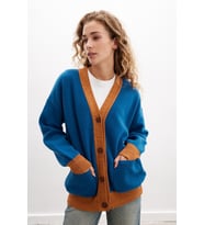 Peraluna JOSEPHINE CARDIGAN V Yaka Jakarlı Geniş Kesim Organik Pamuk-Yün Karışım Kadın Triko Hırka - Multi
