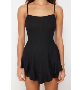 Kadın Moda Dar Paça Kare Yaka Puantiyeli Desen Kısa Baskılı Askılı Volanlı Şortlu Mini Örme Tulum
