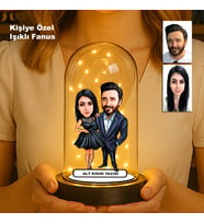 Kişiye Özel Çift Karikatür Fanus  Sevgili ve Evlilere Özel Işıklı Biblo