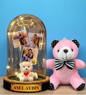 Kişiye Özel Tasarlanacak Led Işıklı Fanus ve Pembe Peluş Anahtarlık Hediye Seti (Model 3)