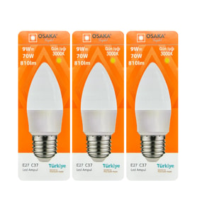 (3 Adet) Osaka 9W (70W) Sarı Işık (3000K) E27 Duylu (Kalın Duy) Led Mum Ampul