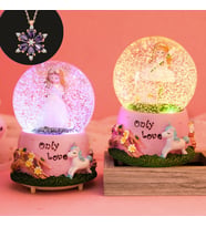 Peri Kız  Işıklı Müzikli Kar püskürten Büyük Boy Kar Küresi Ve Lotus Kolye