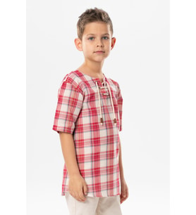 Kısa Kol Şile Bezi Zımbalı Yazlık Erkek Çocuk Tshirt Kırmızı Krem Ekose 3038