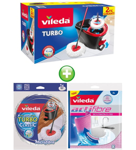 Vileda Turbo Pedallı Temizlik Seti (Komple Set)+Turbo Yedek Mop Paspas Ucu+Actifibre Mikrofiber Bez (Siyah-Kırmızı)