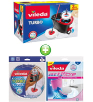 Vileda Turbo Pedallı Temizlik Seti (Komple Set)+Turbo Yedek Mop Paspas Ucu+Actifibre Mikrofiber Bez (Siyah-Kırmızı)