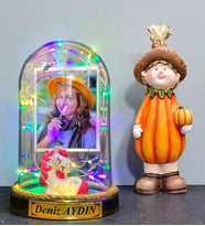 Kişiye Özel Fotoğraflı Yazılı Renkli Led Işıklı Fanus ve Bal Kabağı Biblosu (Model 10)