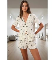 Kadın Pamuklu Pijama Takımı Kurdele Fiyonk Desenli Şortlu Rahat Ev Giyim Mükemmel Uyum (Ekru)