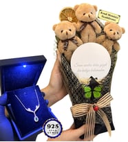 Işıklı Kutusunda 925 Ayar Gümüş Kolye ve Size Özel Aynalı Kahve Ayıcık Buketi (Model 1)