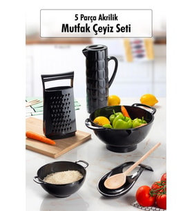 Akrilik Siyah 5 Parça Sürahi & Rende & Süzgeç & Mini Süzgeç & Kaşıklık & Mutfak Çeyiz Seti 