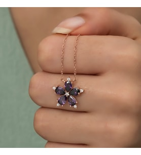 Ametist Taşlı Rose Yıldız Çiçeği Kolye-925 Ayar Gümüş