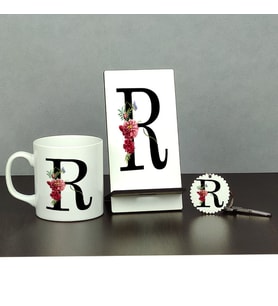 R Harfi Üçlü Set (Kupa + Telefon Standı + Anahtarlık)