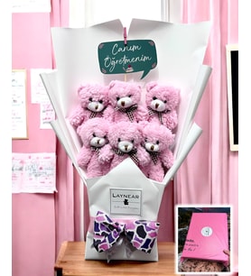 Canım Öğretmenim Öğretmenler Gününe Özel Pembe Peluş Ayıcık Buketi
