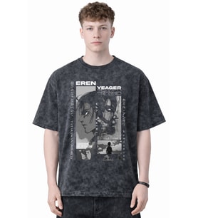 Tasarım Eren Yeager Attack On Titan Anime Baskılı Unisex Oversize Eskitme Yıkamalı Tişört
