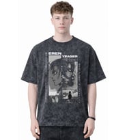 Tasarım Eren Yeager Attack On Titan Anime Baskılı Unisex Oversize Eskitme Yıkamalı Tişört
