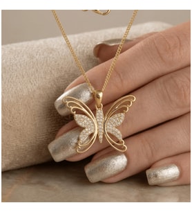 Kelebek Kolye-Zirkon Taşlık-Gold Renk-Işıklı Kutuda