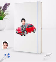BK Gift Kişiye Özel Plakalı Erkek Volkswagen Beetle Karikatürlü Beyaz Termo Deri Defter 16x24cm Model 1