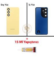 Samsung Galaxy S24 Sarı Renk Lensli Arka Kapak + B7000 Yapıştırıcı Arka Cam Batarya Kapağı Pil Kapağı Lazer Kesim Back Cover Galaxy S24 Uyumlu