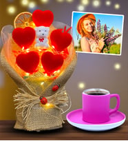 Led Işıklı Kırmızı Kalp Buketi ve Renkli Türk Kahvesi Fincanı - Sizlere Özel Fotoğraflı Hediye Seti (Pembe)