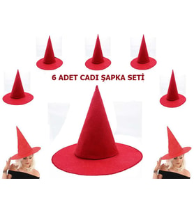 Kırmızı Renk Keçe Cadı Şapkası Yetişkin Çocuk Uyumlu 6 Adet