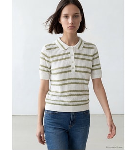 LCW Comfort Yeşil Polo Yaka Çizgili Kadın Triko Kazak