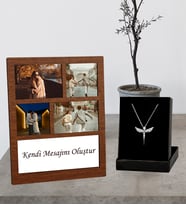 Kişiye Özel 4 Fotoğraflı Kolaj Ahşap Çerçeve Ve Gümüş Melek Kolye