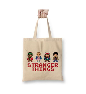 Simplified Stranger Things Pixellated Kids Beyaz Bez Çanta Uzun Saplı Alışveriş Çantası Plaj Çantası