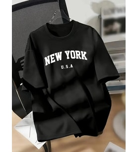 kadın New York Baskılı Tişört Kısa Kol Bisiklet Yaka T-shirt - Siyah