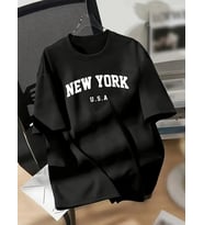 kadın New York Baskılı Tişört Kısa Kol Bisiklet Yaka T-shirt - Siyah