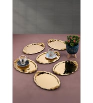 6'lı Gold Oval Gül Motifli Kahve-Çay Sunum Tepsisi, 25x20 cm
