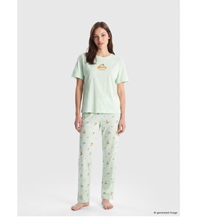 LCW DREAM Yeşil Bisiklet Yaka Baskılı Kadın Pijama Takım