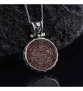 Akik Taşı Süleyman Mührü El İşçiliği 925 Ayar Gümüş Kolye
