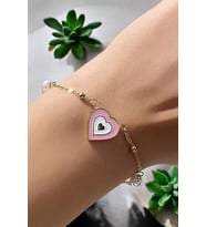 İç İçe Pembe Kalp Charm Gold Çelik Bileklik