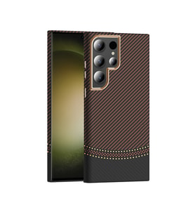Galaxy S24 Ultra Kılıf M-safe Şarj Özellikli Karbon Fiber Görünümlü Gros Kılıf Gold-Siyah