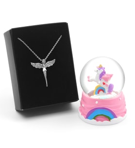 Sevgiliye Özel Unicorn Kar Küresi & Gümüş Renk Kaplama Melek Kolye