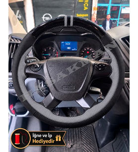 Ford Transit Custom Dikme Direksiyon Kılıfı Parlak Siyah Gri Detaylı Gri Çift Yüzük ve Dikiş 2014+