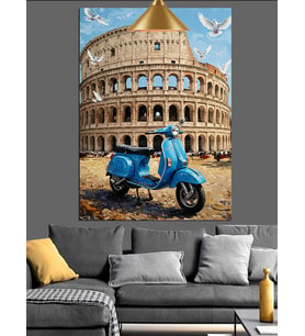 Roma Kolezyum Önündeki Mavi Vespa Scooter Dekoratif Kanvas - Mdf Ahşap Tablo