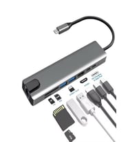 8in1 Aluminium PD100W Hızlı Şarj 4K 1xEthernet 1xHDM 2xUSB 2xType-C TF/SD Usb Çoklayıcı Çevirici