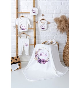 Pia Baby Premium İsim Baskılı %100 Pamuk Battaniye ve 5’li Zıbın Takımı Kız Bebek Hediye Seti 5069-04 (Ekru)